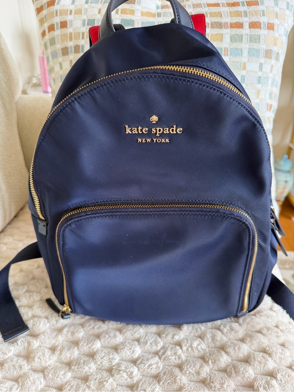kate spade Navy and Red Nylon Backpack with Gold Hardware